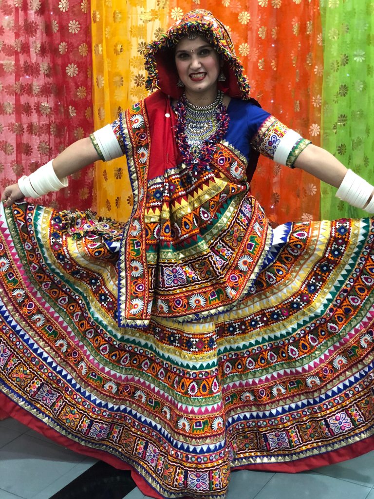 In Gujarati traditional attire "Chaniya Choli" completely hand-crafted